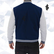 Load image into Gallery viewer, Navy Blue and Gray Varsity Jacket Mens - Shearling leather