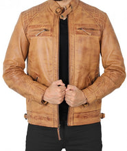 Load image into Gallery viewer, Johnson Camel Quilted Leather Motorcycle Jacket