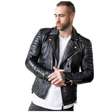 Load image into Gallery viewer, Mens Quilted Black Leather Motorcycle Jacket