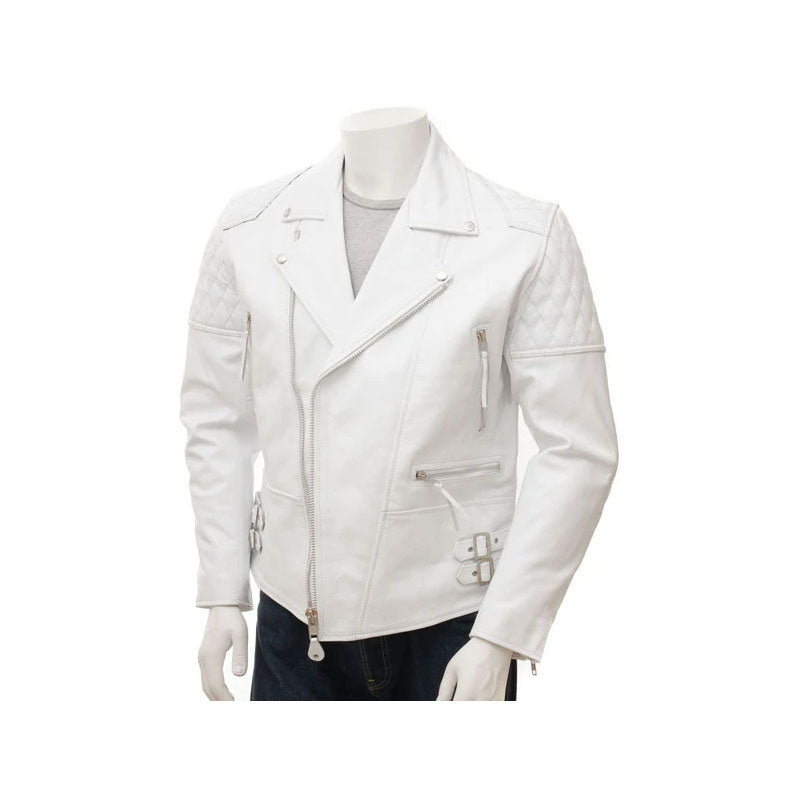 Mens White Leather Biker Jacket - Main Image