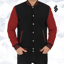 Load image into Gallery viewer, Black and Maroon Varsity Jacket Mens - Shearling leather