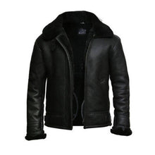 Load image into Gallery viewer, Black Aviator Fur Collar Genuine Leather Jacket - Shearling Bomber Leather Jacket