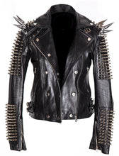Load image into Gallery viewer, Black Women Genuine Classical Punk Style Leather Jacket Large Spike Silver Studs - Shearling leather