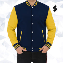 Load image into Gallery viewer, Blue and Yellow Varsity Jacket Mens - Shearling leather