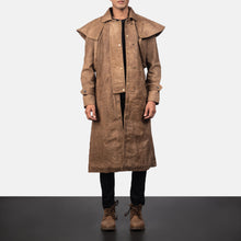 Load image into Gallery viewer, Brown Sheepskin Leather Trench Duster Coat Mens