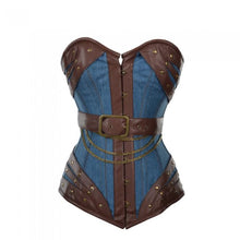 Load image into Gallery viewer, Harnock Denim Overbust Corset With Brown Faux Leather Buckle Detail - Shearling leather