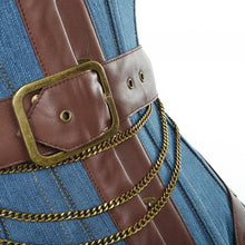 Load image into Gallery viewer, Harnock Denim Overbust Corset With Brown Faux Leather Buckle Detail - Shearling leather