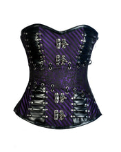 Load image into Gallery viewer, Gray Purple Brocade & Black Faux Leather Gothic Corset - Shearling leather