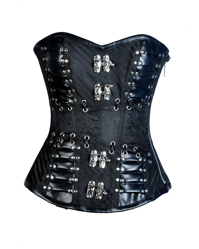 Teryy Black Brocade & Faux Leather Gothic Corset - Shearling leather