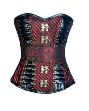 Load image into Gallery viewer, Keane Red Brocade & Faux Leather Gothic Corset - Shearling leather