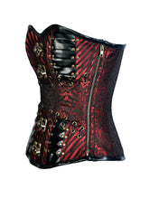 Load image into Gallery viewer, Keane Red Brocade & Faux Leather Gothic Corset - Shearling leather