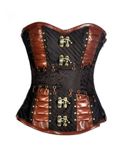 Load image into Gallery viewer, Serry Coffee Brocade & Faux Leather Steampunk Corset - Shearling leather
