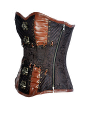 Load image into Gallery viewer, Serry Coffee Brocade & Faux Leather Steampunk Corset - Shearling leather