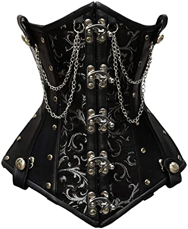 Goel Silver Brocade & Faux Leather Underbust Corset With Chain Details - Shearling leather