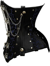 Load image into Gallery viewer, Rueber Blue Brocade & Faux Leather Underbust Corset With Chain Details - Shearling leather
