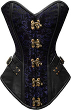Load image into Gallery viewer, Tolleson Blue Brocade & Black Faux Leather Overbust Corset - Shearling leather