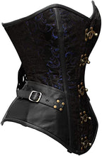 Load image into Gallery viewer, Tolleson Blue Brocade & Black Faux Leather Overbust Corset - Shearling leather