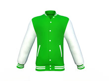 Load image into Gallery viewer, Light Green Varsity Letterman Jacket with White Sleeves - Shearling leather
