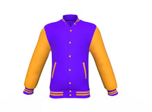 Load image into Gallery viewer, Purple Varsity Letterman Jacket with Gold Sleeves - Shearling leather