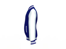 Load image into Gallery viewer, Navy Varsity Letterman Jacket with White Sleeves - Shearling leather
