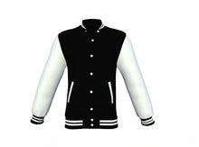 Load image into Gallery viewer, Black Varsity Letterman Jacket with White Sleeves - Shearling leather
