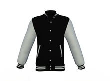 Load image into Gallery viewer, Black Varsity Letterman Jacket with Grey Sleeves - Shearling leather