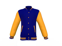 Load image into Gallery viewer, Navy Varsity Letterman Jacket with Gold Sleeves - Shearling leather