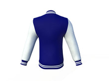 Load image into Gallery viewer, Navy Varsity Letterman Jacket with White Sleeves - Shearling leather