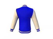 Load image into Gallery viewer, Blue Varsity Letterman Jacket with Cream Sleeves - Shearling leather
