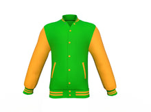Load image into Gallery viewer, Light Green Varsity Letterman Jacket with Gold Sleeves - Shearling leather