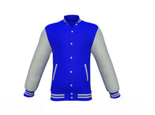 Load image into Gallery viewer, Blue Varsity Letterman Jacket with Grey Sleeves - Shearling leather