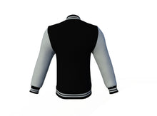 Load image into Gallery viewer, Black Varsity Letterman Jacket with Grey Sleeves - Shearling leather