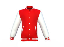 Load image into Gallery viewer, Red Varsity Letterman Jacket with White Sleeves - Shearling leather