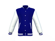 Load image into Gallery viewer, Navy Varsity Letterman Jacket with White Sleeves - Shearling leather
