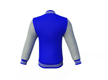 Load image into Gallery viewer, Blue Varsity Letterman Jacket with Grey Sleeves - Shearling leather