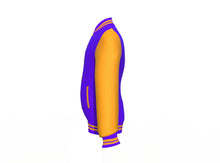 Load image into Gallery viewer, Purple Varsity Letterman Jacket with Gold Sleeves - Shearling leather