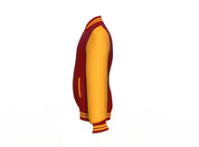 Load image into Gallery viewer, Maroon Varsity Letterman Jacket with Gold Sleeves - Shearling leather
