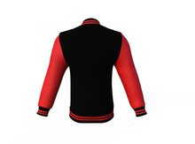 Load image into Gallery viewer, Black Varsity Letterman Jacket with Red Sleeves - Shearling leather