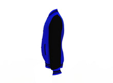 Load image into Gallery viewer, Blue Varsity Letterman Jacket with Black Sleeves - Shearling leather