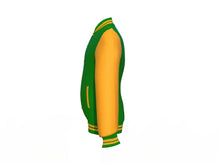 Load image into Gallery viewer, Dark Green Varsity Letterman Jacket with Gold Sleeves - Shearling leather