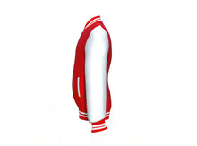 Load image into Gallery viewer, Red Varsity Letterman Jacket with White Sleeves - Shearling leather
