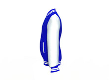 Load image into Gallery viewer, Blue Varsity Letterman Jacket with White Sleeves - Shearling leather