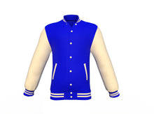 Load image into Gallery viewer, Blue Varsity Letterman Jacket with Cream Sleeves - Shearling leather