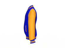 Load image into Gallery viewer, Blue Varsity Letterman Jacket with Gold Sleeves - Shearling leather