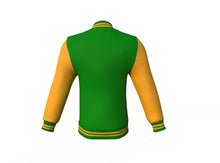 Load image into Gallery viewer, Dark Green Varsity Letterman Jacket with Gold Sleeves - Shearling leather
