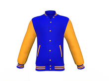 Load image into Gallery viewer, Blue Varsity Letterman Jacket with Gold Sleeves - Shearling leather