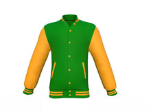 Load image into Gallery viewer, Dark Green Varsity Letterman Jacket with Gold Sleeves - Shearling leather