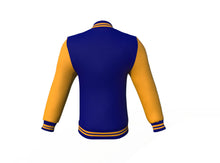 Load image into Gallery viewer, Navy Varsity Letterman Jacket with Gold Sleeves - Shearling leather