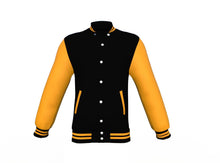 Load image into Gallery viewer, Black Varsity Letterman Jacket with Gold Sleeves - Shearling leather