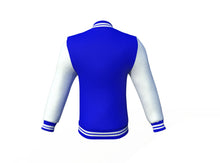 Load image into Gallery viewer, Blue Varsity Letterman Jacket with White Sleeves - Shearling leather